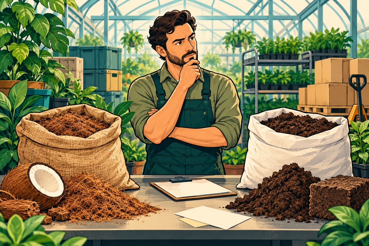 Comic illustration of a greenhouse manager considering coir and peat growing media.