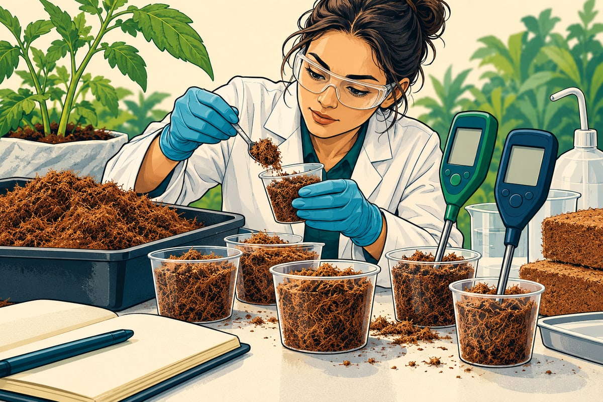 Comic illustration of a technician preparing coir samples beside two probe meters.