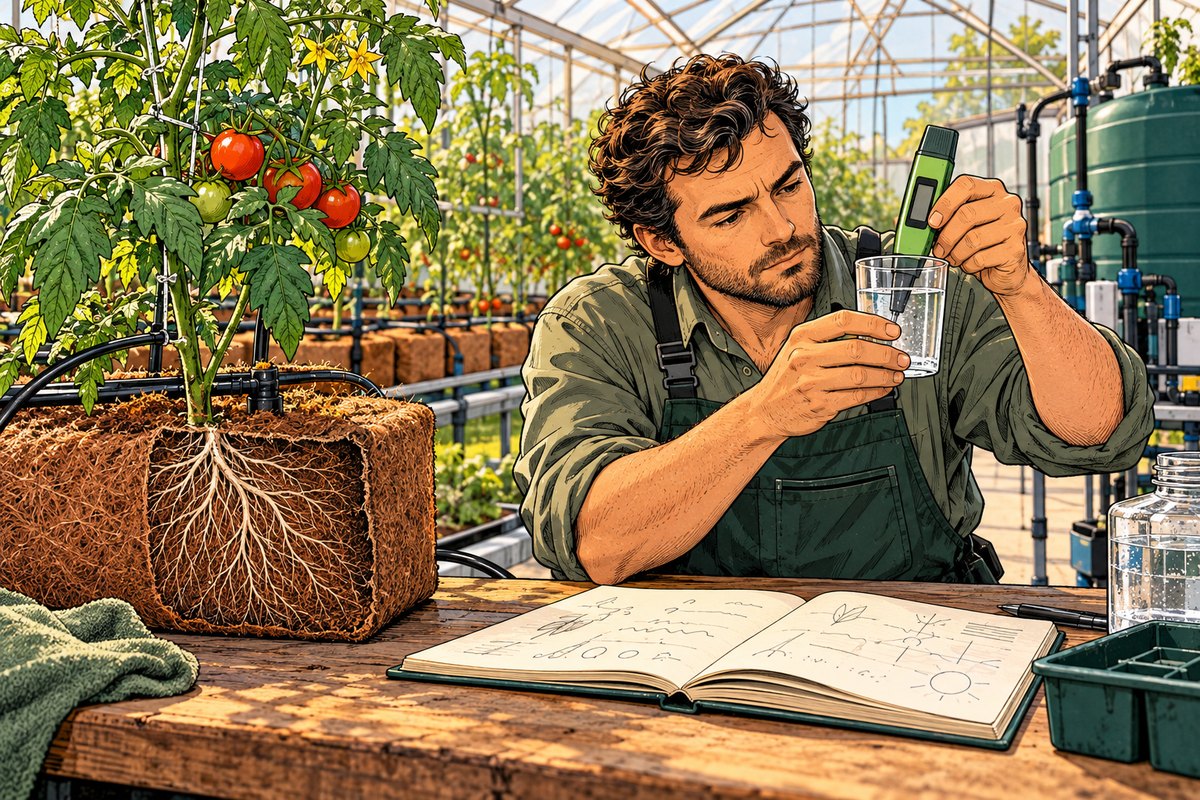 Comic illustration of a greenhouse grower testing irrigation water beside a tomato plant in coir, with a conceptual root cutaway.
