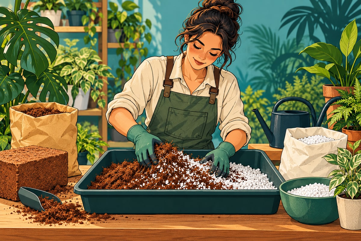 Comic illustration of a horticulturist blending cocopeat with white perlite granules.