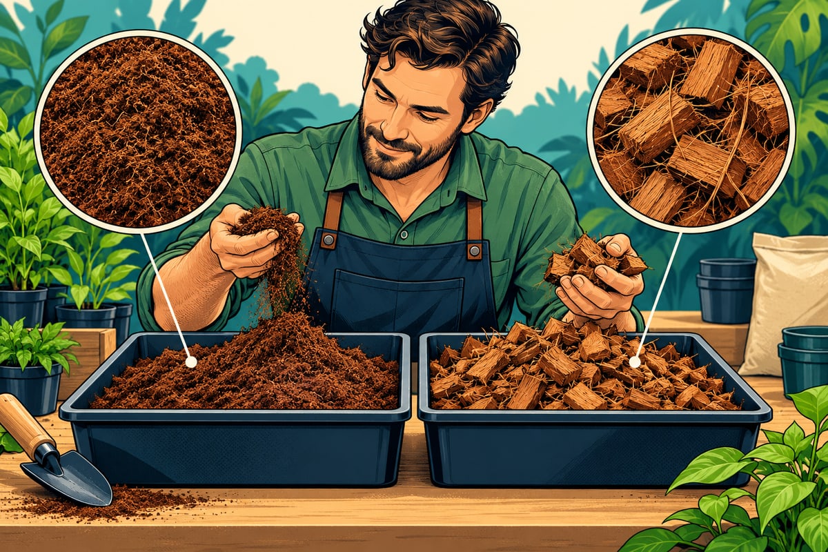 Comic illustration of a grower comparing fine cocopeat and coarse coconut husk chips.