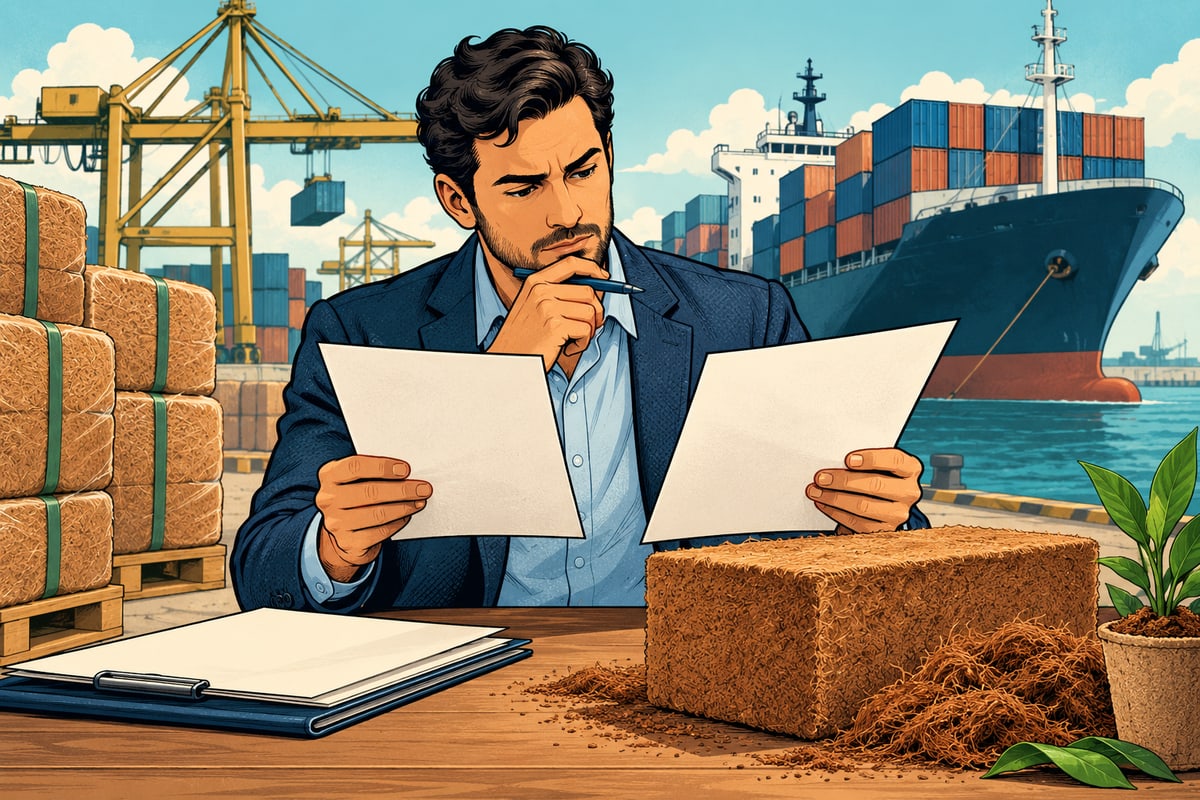 Comic illustration of an importer comparing quotations beside coir blocks at a container port.