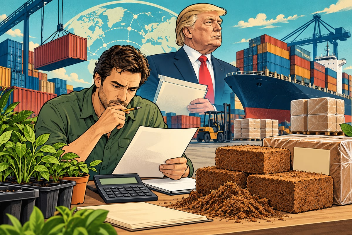 Editorial comic illustration of a coir buyer reviewing shipping costs, with Donald Trump and containers behind.