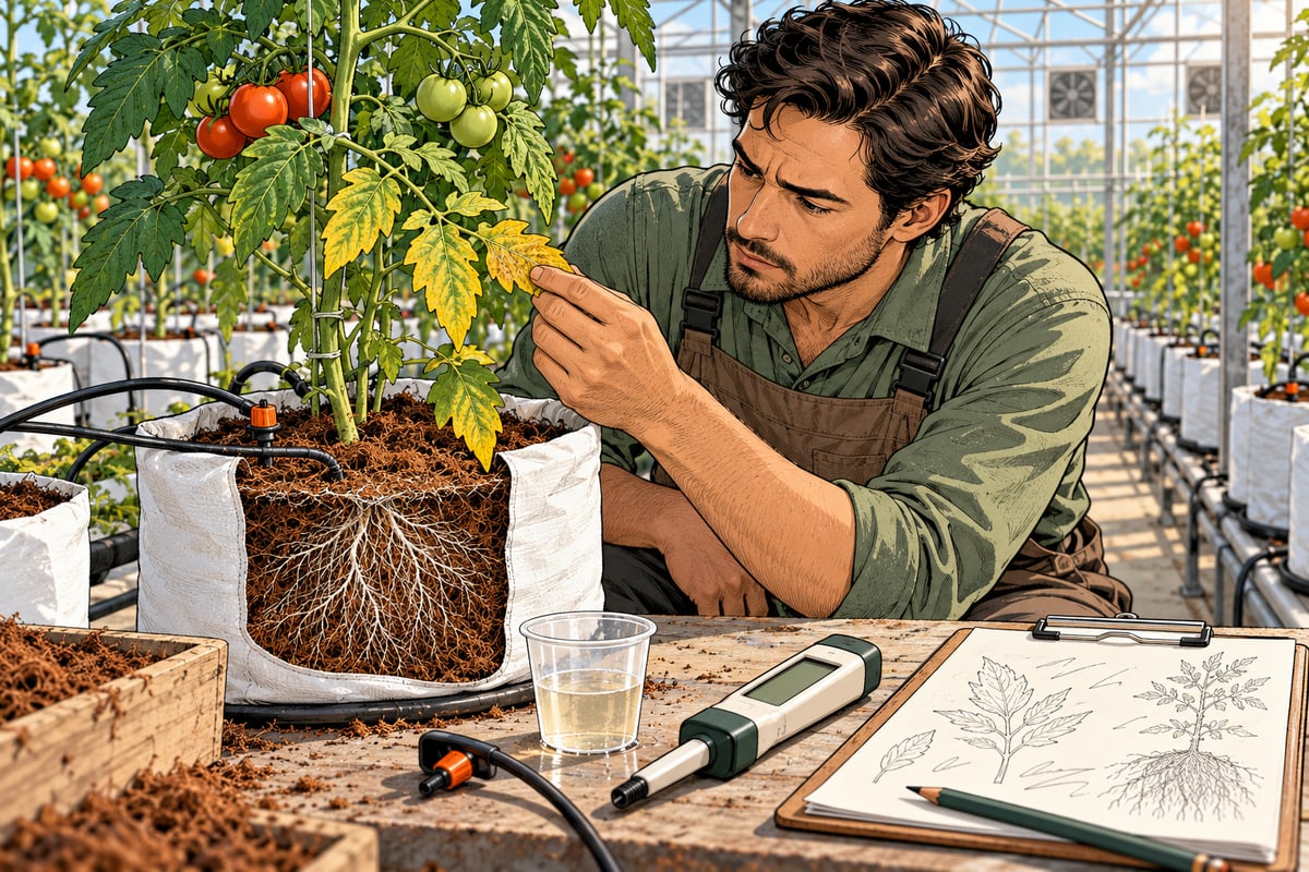 Editorial comic of a greenhouse grower examining yellow tomato leaves, a coir root-zone cutaway, an irrigation dripper and pH and EC testing equipment.