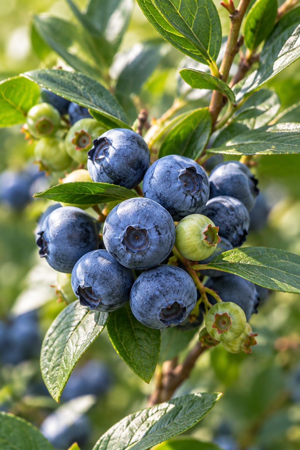 Ripe blue and developing green blueberries on a branch
