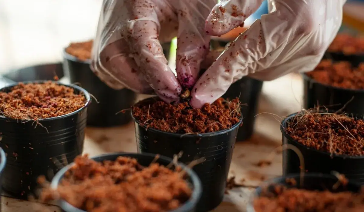 Gloved hands planting a seedling in a pot of coir