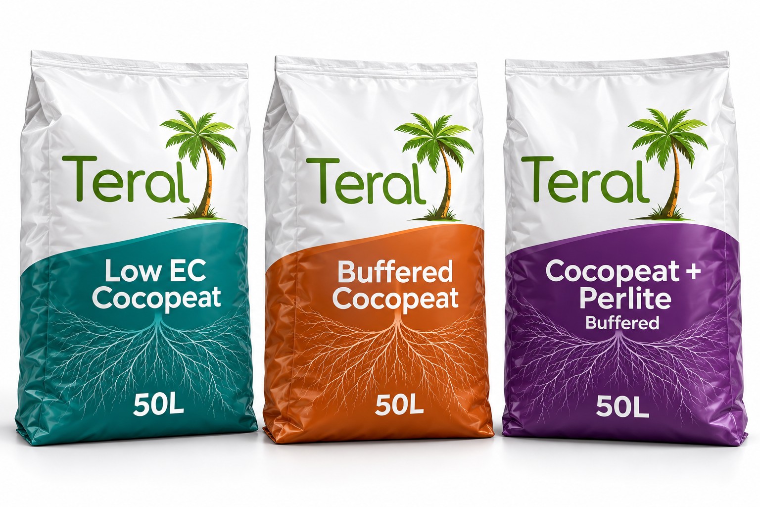 Teral 50 L bags of low EC cocopeat, buffered cocopeat and buffered cocopeat with perlite