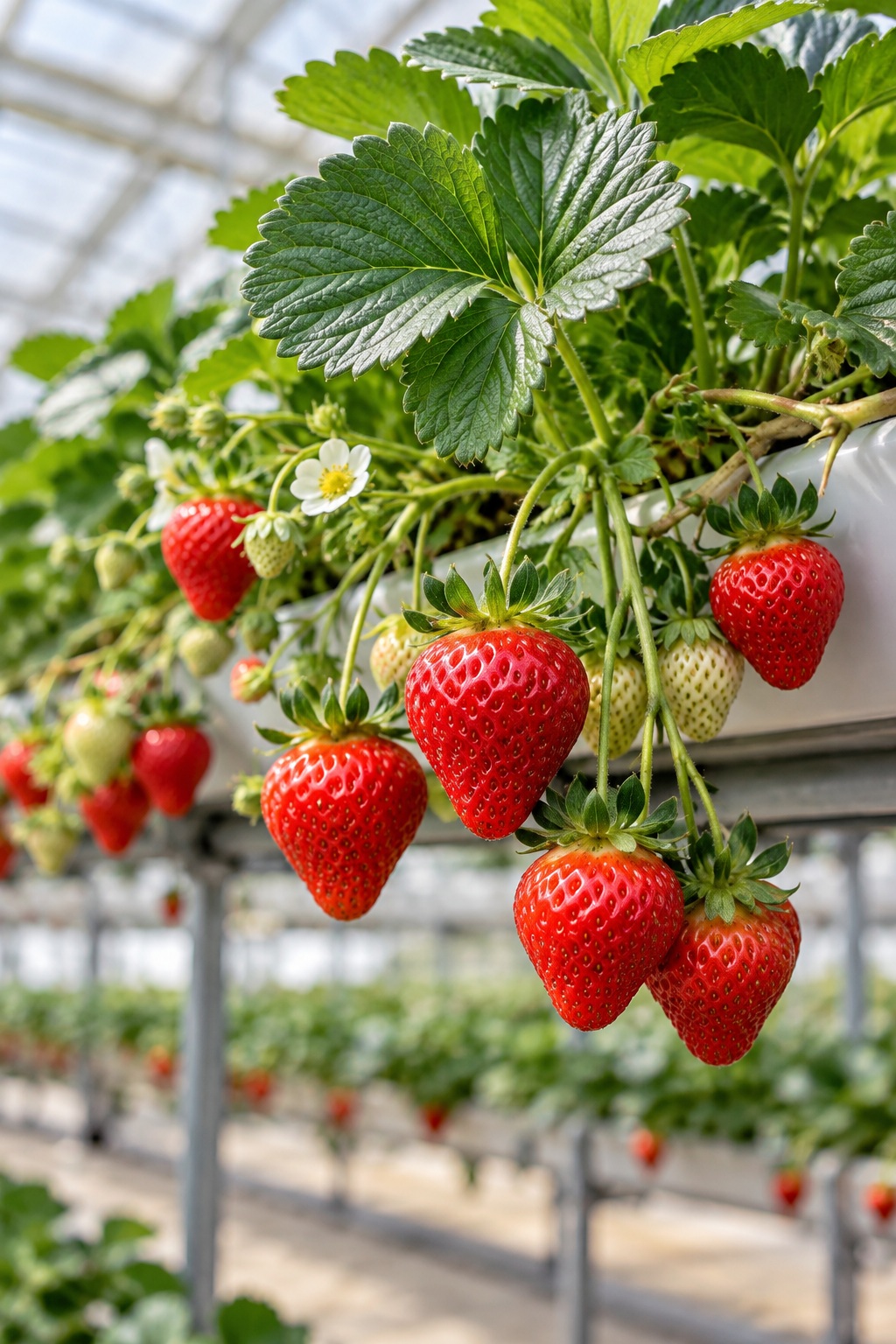 Ripe strawberries hanging beside green leaves in a growing system